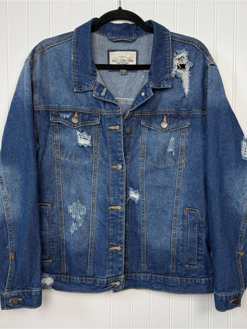 Ashley Vintage Charm Distressed Denim Jacket • Size Large